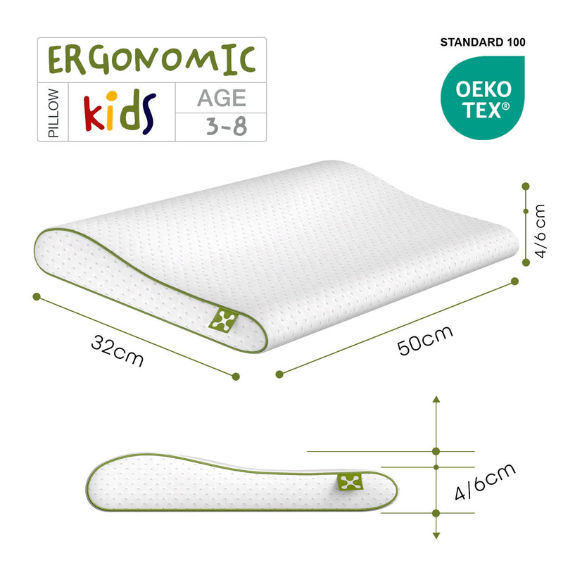 Größe, Höhe und Altersempfehlung des smart® Kids Ergonomic Pillow, ergonomisches Nackenstütz Kissen aus atmungsaktivem anti-allergischem Memory Schaum für Kinder mit Nackenwelle für die Halswirbelsäule HSW und gesunden Schlaf in der Entwicklung