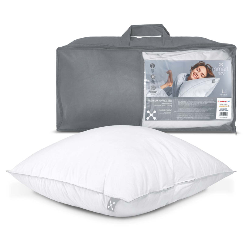 smart® Soft Pillow in der Größe Large 80 x 80 cm, weiches nachhaltiges Kissen mit PrimaLoft Bio Füllung aus biologisch abbaubaren Recyclingfasern mit anpassbarer Kissenhöhe für einen hohen Schlaf-Komfort mit praktischer Stoff-Tasche zum Transport