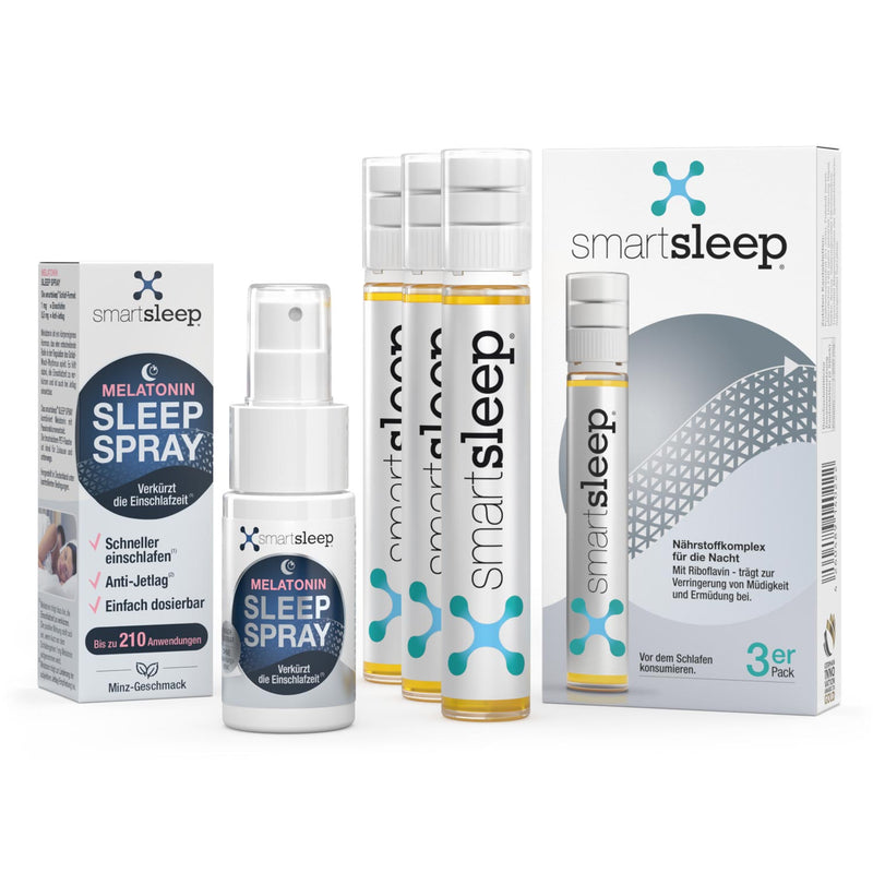 Schneller einschlafen und wacher aufwachen mit dem Melatonin Sleep Spray und einer 3-er-Packung smartsleep® ORIGINAL im Set für schnelles Einschlafen und bessere Regeneration in der Nacht zum Vorteilspreis.