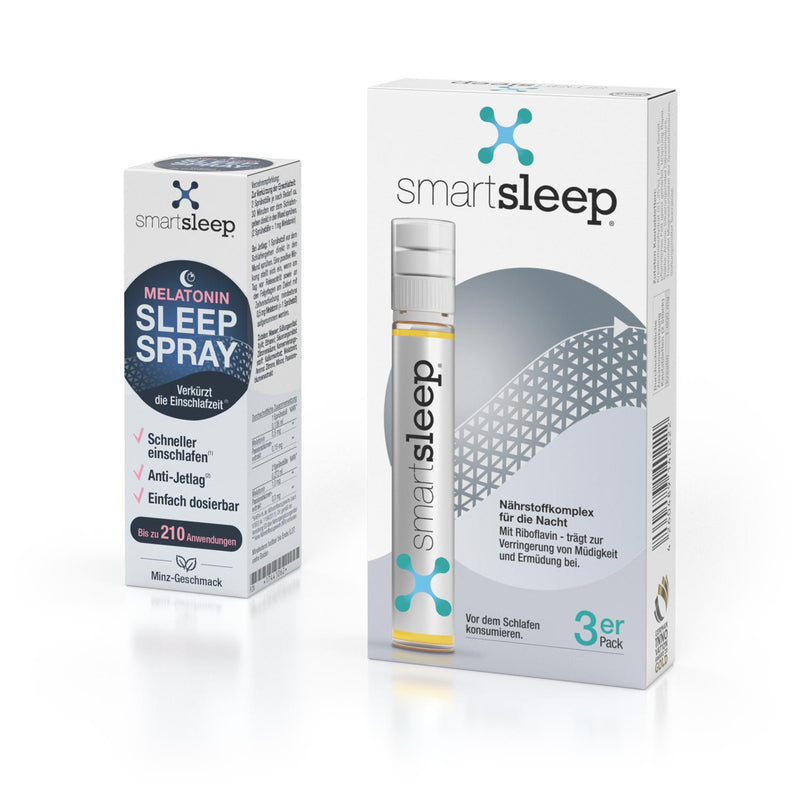Schneller einschlafen und wacher aufwachen mit dem Melatonin Sleep Spray und einer 3-er-Packung smartsleep® ORIGINAL im Set für schnelles Einschlafen und bessere Regeneration in der Nacht zum Vorteilspreis.
