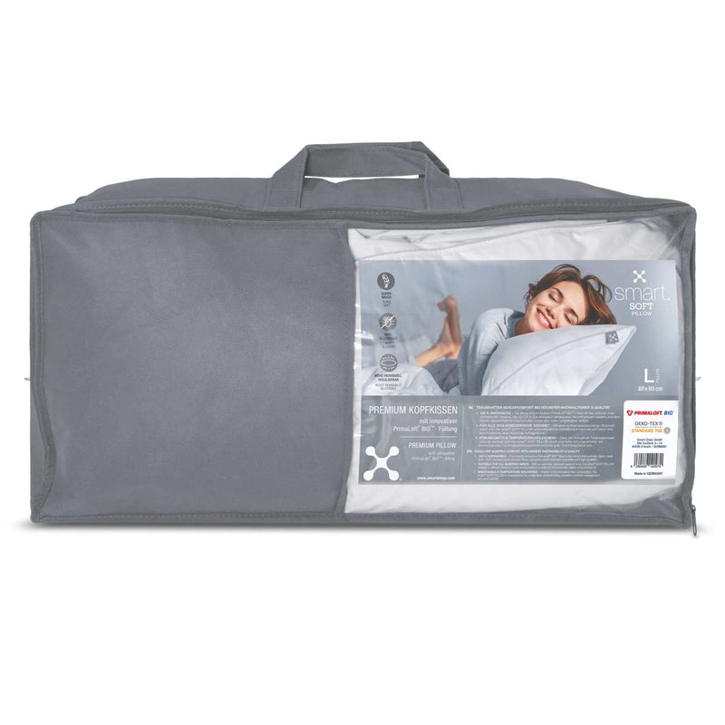 smart® Soft Pillow in der Größe Large 80 x 80 cm, weiches nachhaltiges Kissen mit PrimaLoft Bio Füllung aus biologisch abbaubaren Recyclingfasern mit praktischer Verpackung Trage-Tasche